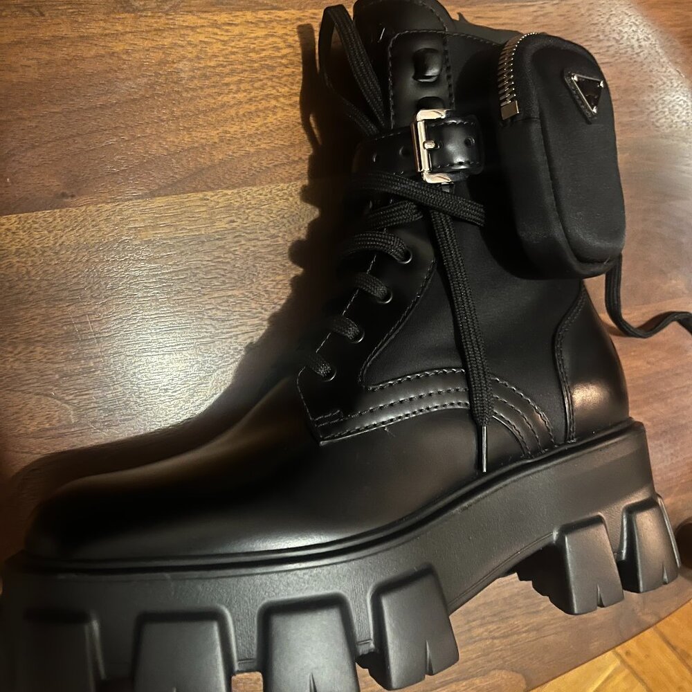 Prada Monolith Brushed Leather and Re-Nylon Boots with Pouch Size 37